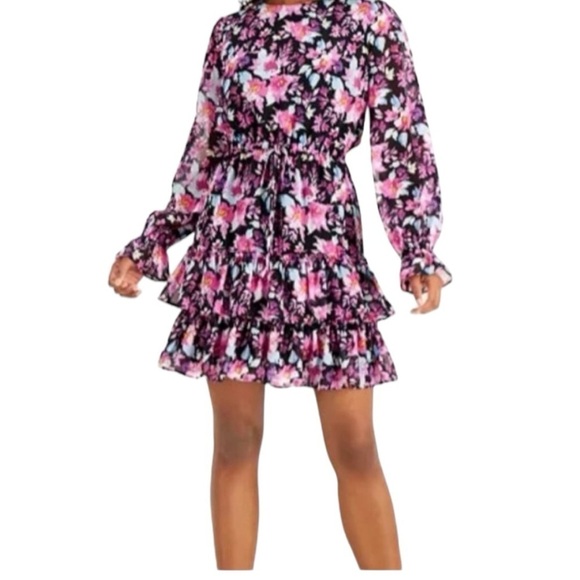 Bar Ill Purple Pink & Black Floral Ruffled Hem Mini Dress Large - Picture 2 of 11